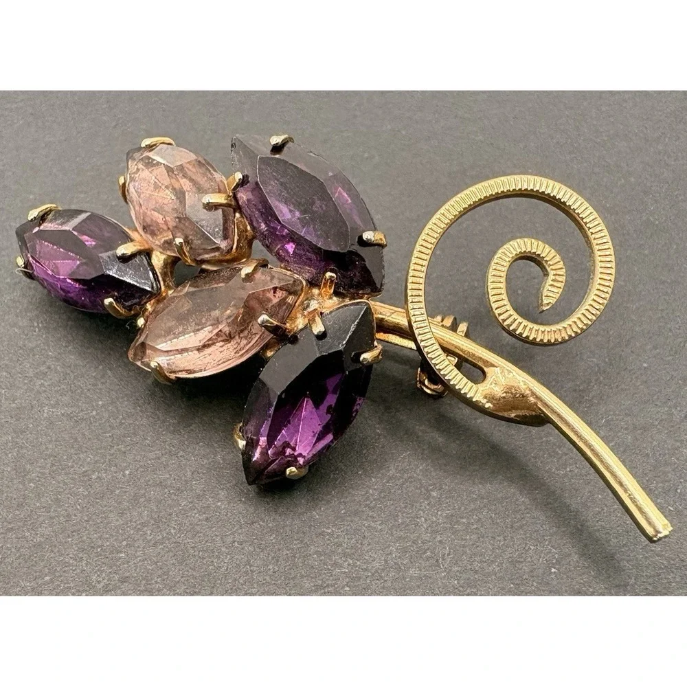 Vintage Purple Marquise Crystal Flower Spray Brooch Gold Tone 2